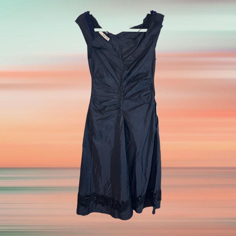 PRADA Indigo Pleated Dress with Embroidered Details